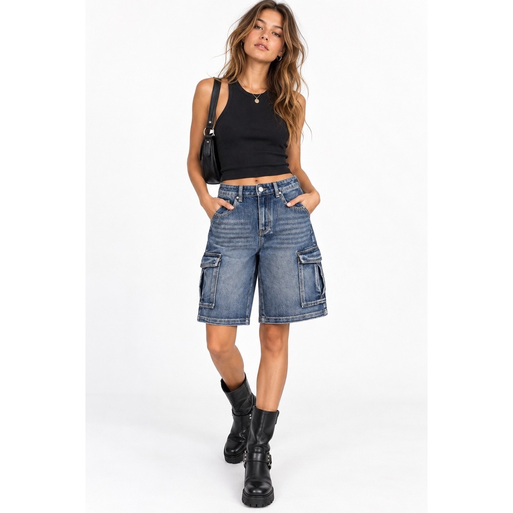 Rise Supply Co Womens High Rise Denim Cargo Shorts Jorts Blue Size 7